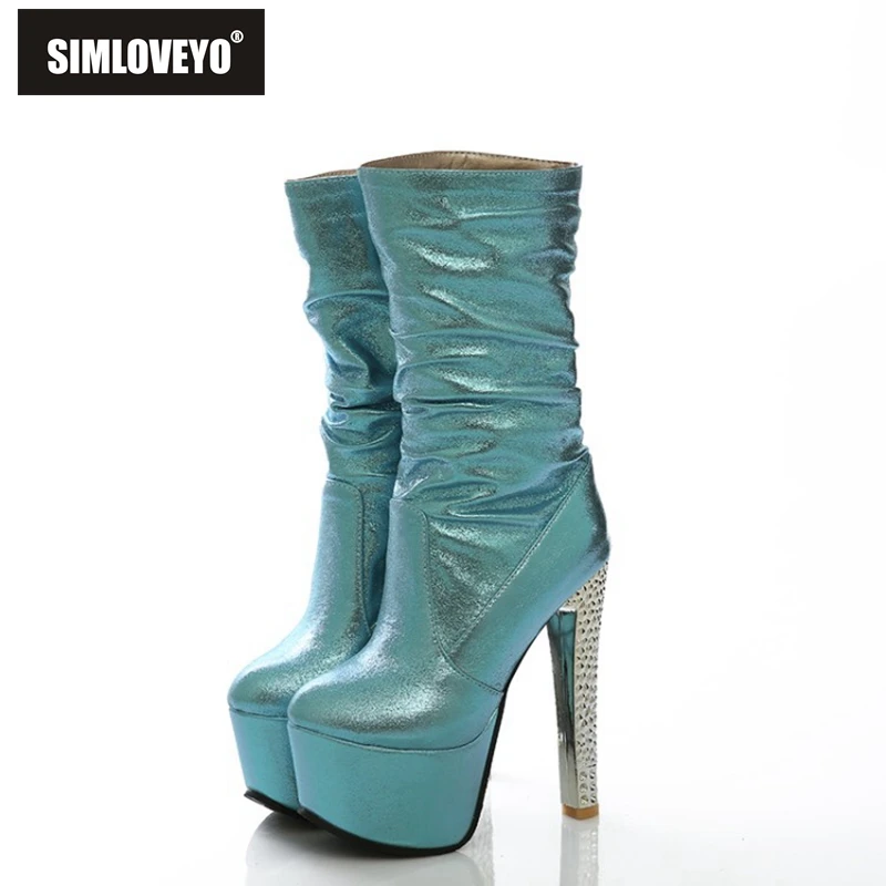 

SIMLOVEYO Women's Boots New Pattern Winter Fashion Round Head Thick Heel High Heel Middle Tube Shoes 33-48 Heel Height 15cm