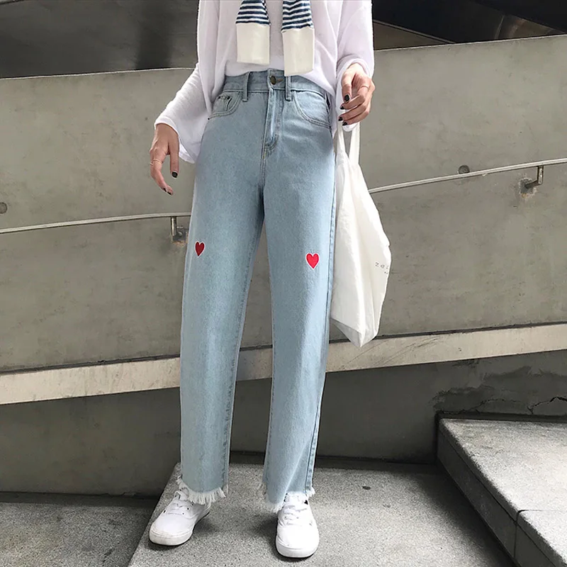 Harajuku Love джинсы с вышивкой, женские винтажные джинсы с бахромой, свободные штаны с высокой талией, шикарные студенческие джинсы, повседневные Прямые джинсовые штаны