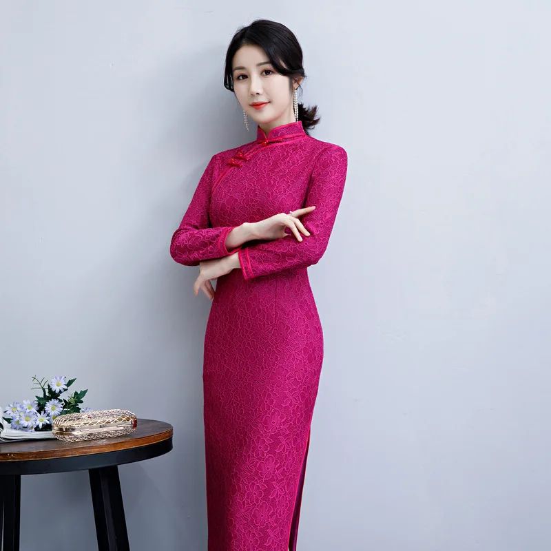Китайское элегантное вечернее платье ручной работы с пуговицами Qipao, тонкое длинное Qipao, большие размеры, M-4XL, сексуальное кружевное Чонсам