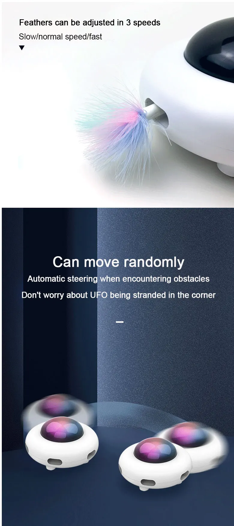 Inteligente, tocadiscos UFO oscilación automática juguetes cachorro gato dirección eléctrica juguete de persecución para mascotas de carga USB interactivo juguetes con plumas