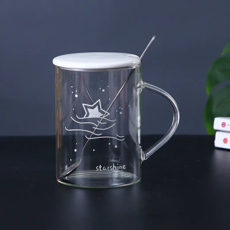Star Креативная Стеклянная Кружка со звездами, домашняя пара, термоустойчивая чашка, горячая вода, изменяющая цвет чашка молоко чай кофе, чашка с крышкой, ложка - Цвет: Star