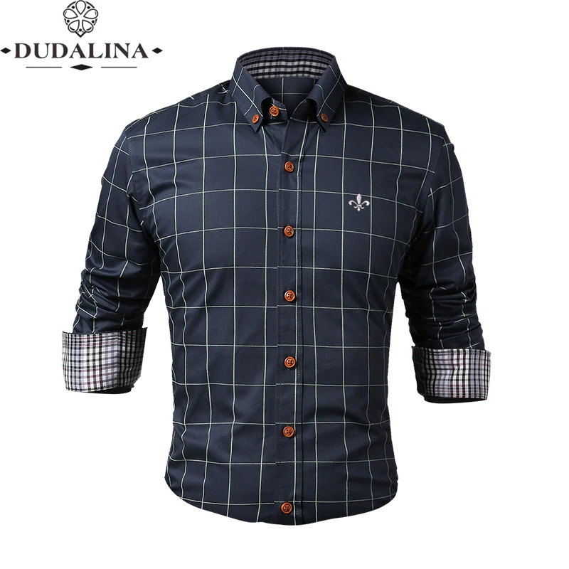 Fashion Blouse Shirt Plaid Social Masculina Dudalina Long Sleeve Slim Fit Shirt Men Floral Clothes Pullover White Male Cold