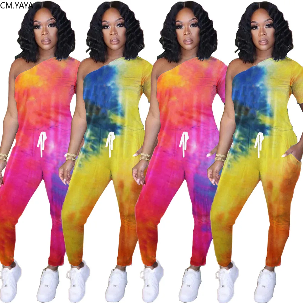 CM.YAYA Women Summer Tie Dye Print One Shoulder Skew Neck High Waist Jumpsuit Short Sleeve Sport Fashion Long Romper Playsuit |