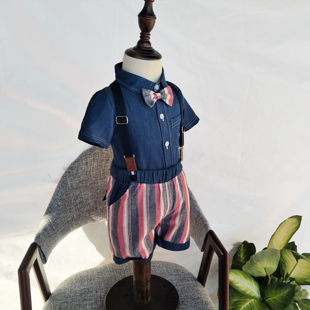 

2019 Spanish Boys clothing sets Wedding Birthday Party Baby Boy Clothes Set Denim romper+overalls short Toddler Kids Outfits