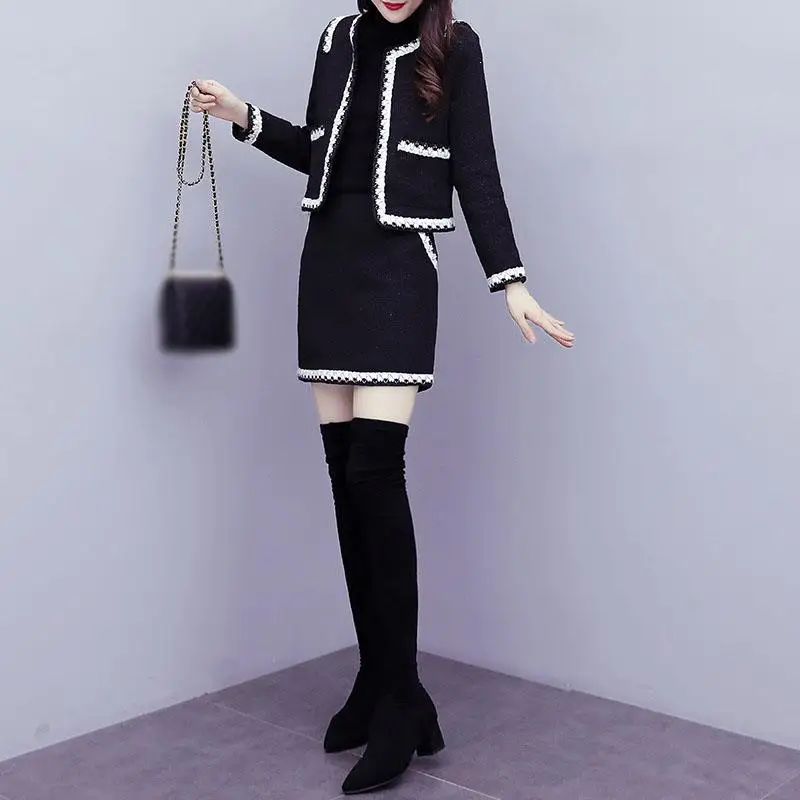 

Vintage Tweed Women Two Piece Sets Autumn Winter Skirt Suit Solid Patchwork Office Lady Suits