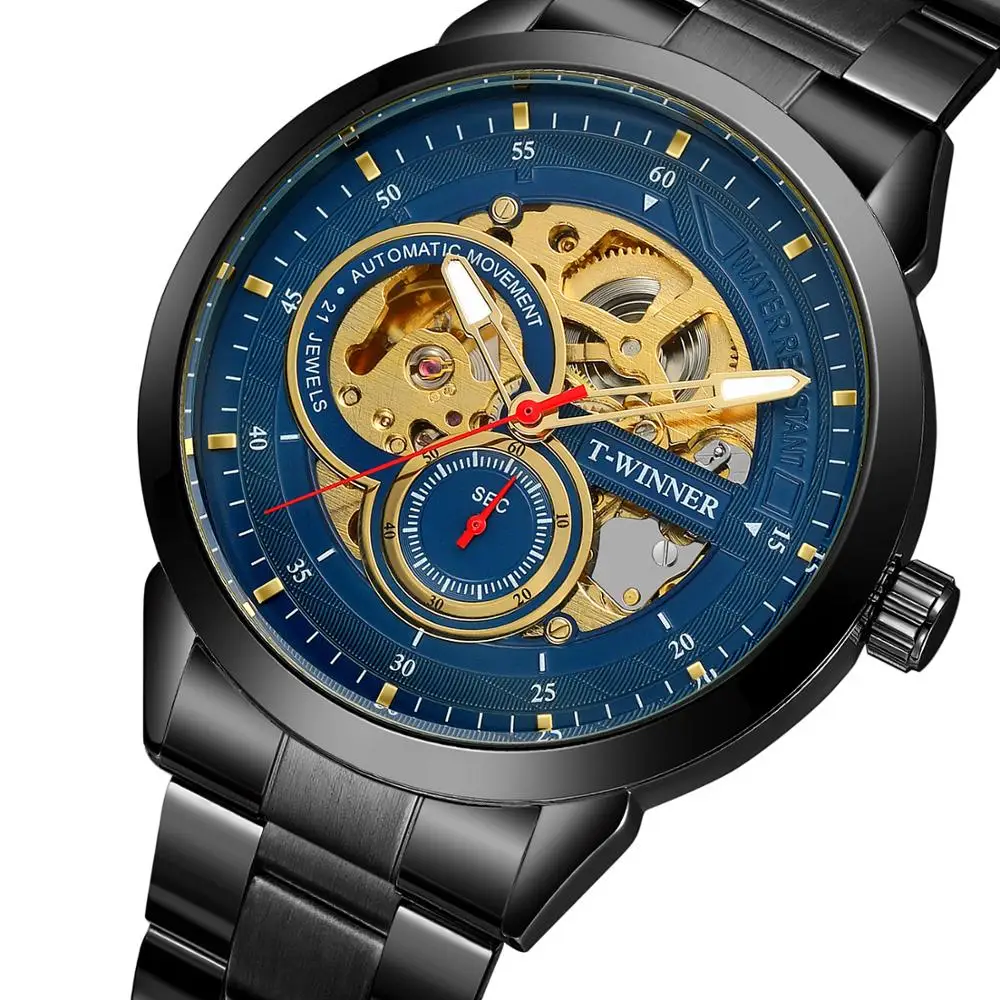 

WINNER Skeleton Blue Mechanical Watch Mens Automatic Classic Black Case Stainless Steel Wrist Watches Reloj Hombre 2019 Dropship