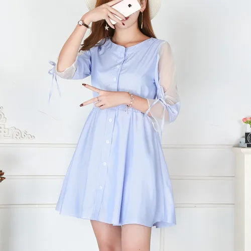 

New Style 2018 Spring Korean-style WOMEN'S Wear V-neck Stripes Waist Hugging Slimming Spell Mesh Dress