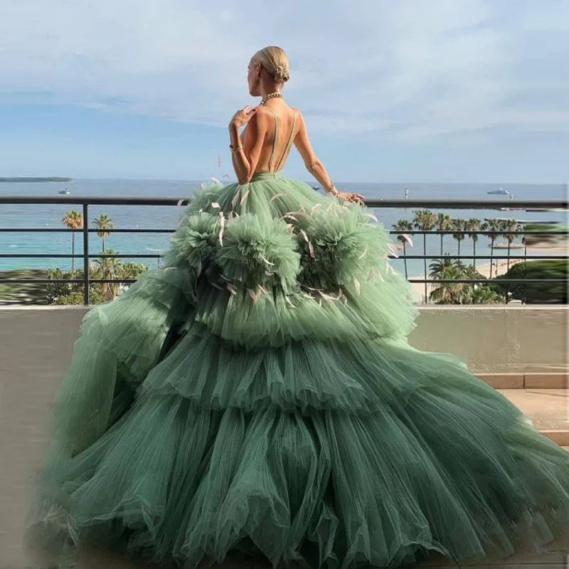 Amazing Puffy Prom Gowns Dresses Extra Ball Gown Backless Vestidos de fiesta Evening Party Dress Ruffled Tiered Abendkleider