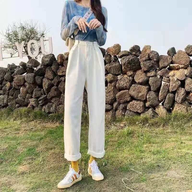 Women's Korean-Style High-Waist Wide-Leg Jeans Autumn and Winter Loose Slimming Sense of Design Straight Mop Pants | Женская одежда
