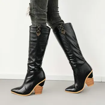 

2019 New Fashion Knee High Boots Women Faux Leather High Heel Autumn Long Boots Pointed Toe Winter Plush Woman Western Boots