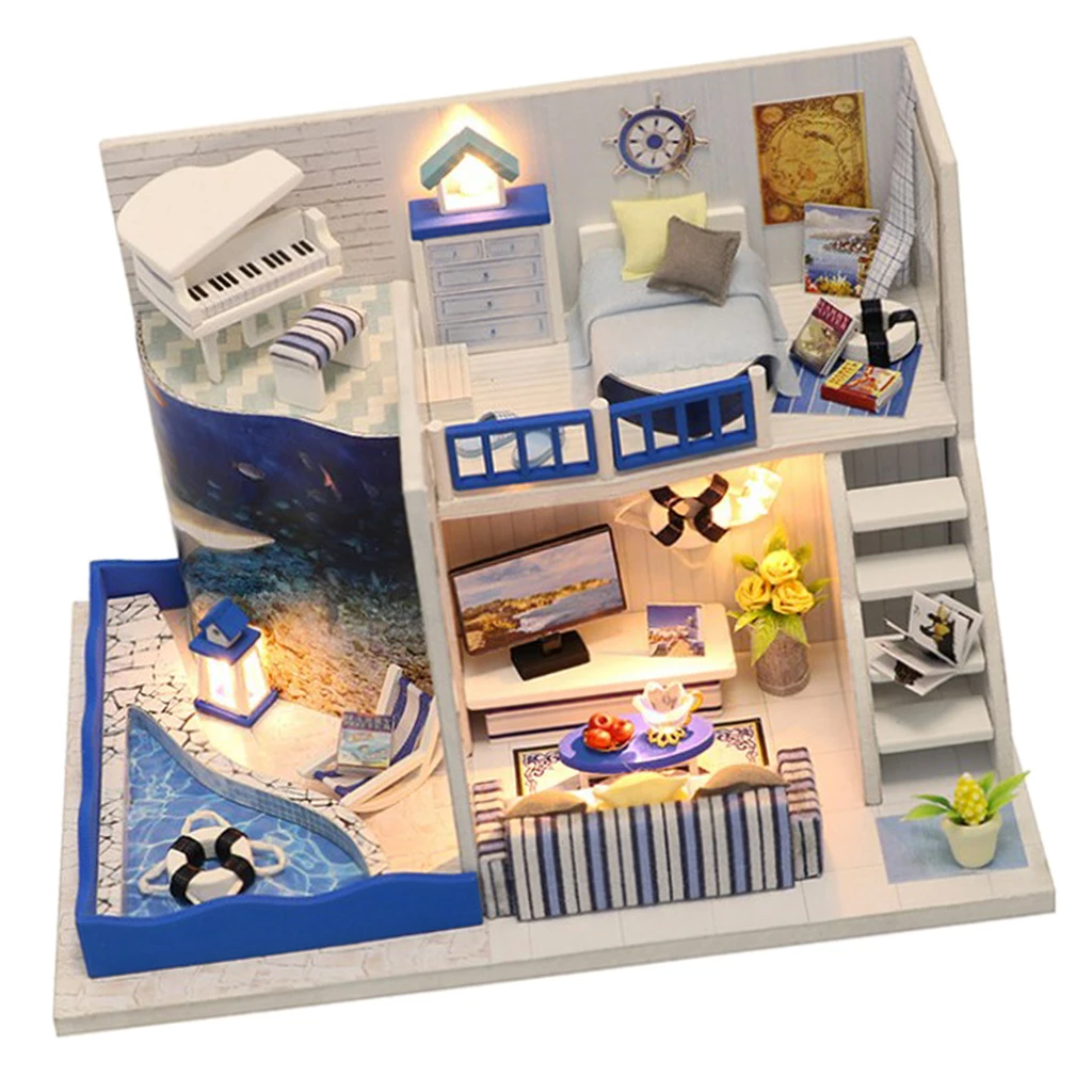 

Dollhouse Miniature with Furniture and LED, DIY Dollhouse Kit, 1:24 Scale Creative Room - The Sound of the Sea