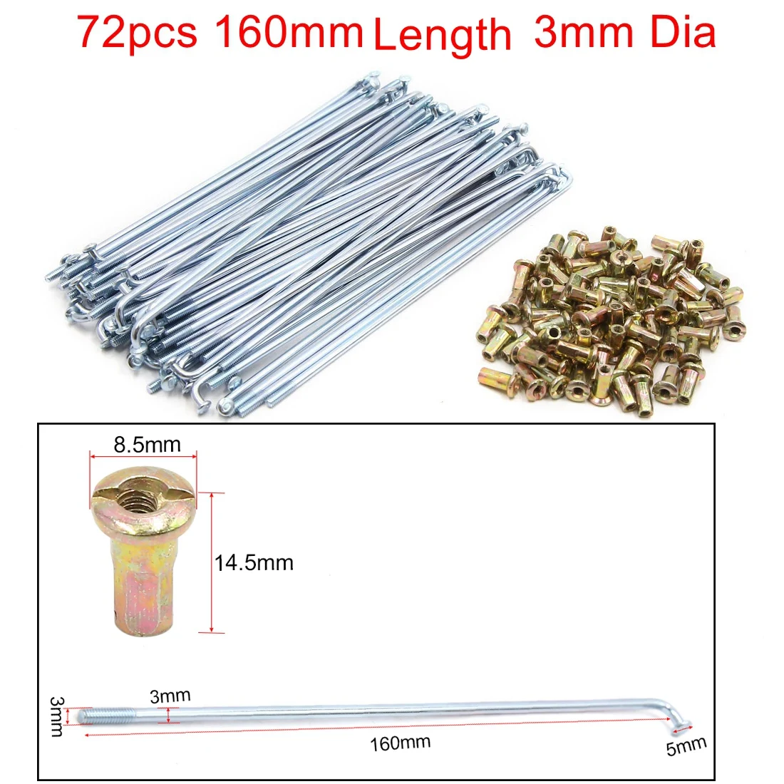 36pcs 72pcs 3mm-3.5mm Thread Diameter 160mm-180mm Length Motorcycle Wheel Spokes Nipples