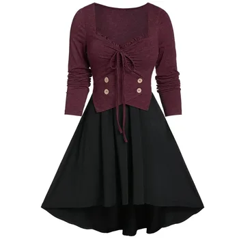 

Nice Pop Fashion Autumn Women Dress A-line Long Sleeve O-neck Black Patchwork Design Mini Casual With Belt Dresses#J31