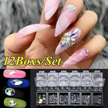 

1 Box Colorful Nail Rhinestones AB Diamond Marquise Water Drop Oval Shape Glass Gems 3d Glitter Nail Art Decorations Accessories