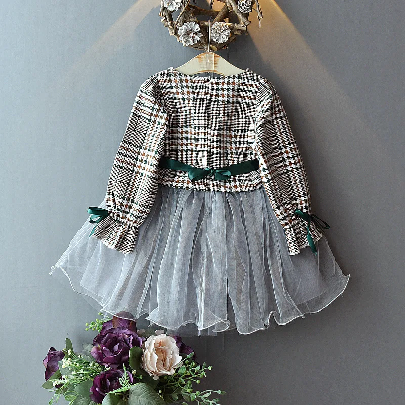 Платья в клетку в стиле пэчворк для девочек от 2 до 8 лет милая детская одежда с длинными рукавами и бантом детское платье для девочек Джинсовая детская одежда