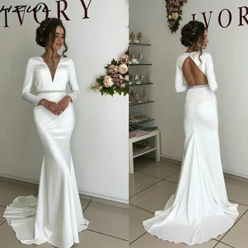 

Simple Satin Wedding Dresses Long Sleeves Deep V Neck Beads Sash Mermaid Wedding Dress Backless Sexy Bridal Vestidos