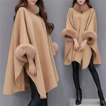 

2020 Spring Womens Wool Coat Cloak Big Fur Collar Long Winter Jackets Parka Coats Plus Size Outerwear