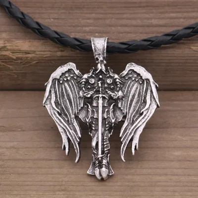 leather Прямая поставка Diablo Archangel защита Ирландский Крест Кулон Крылья Ангела ожерелье Wicca языческий талисман Викинг ювелирные изделия - Окраска металла: leather