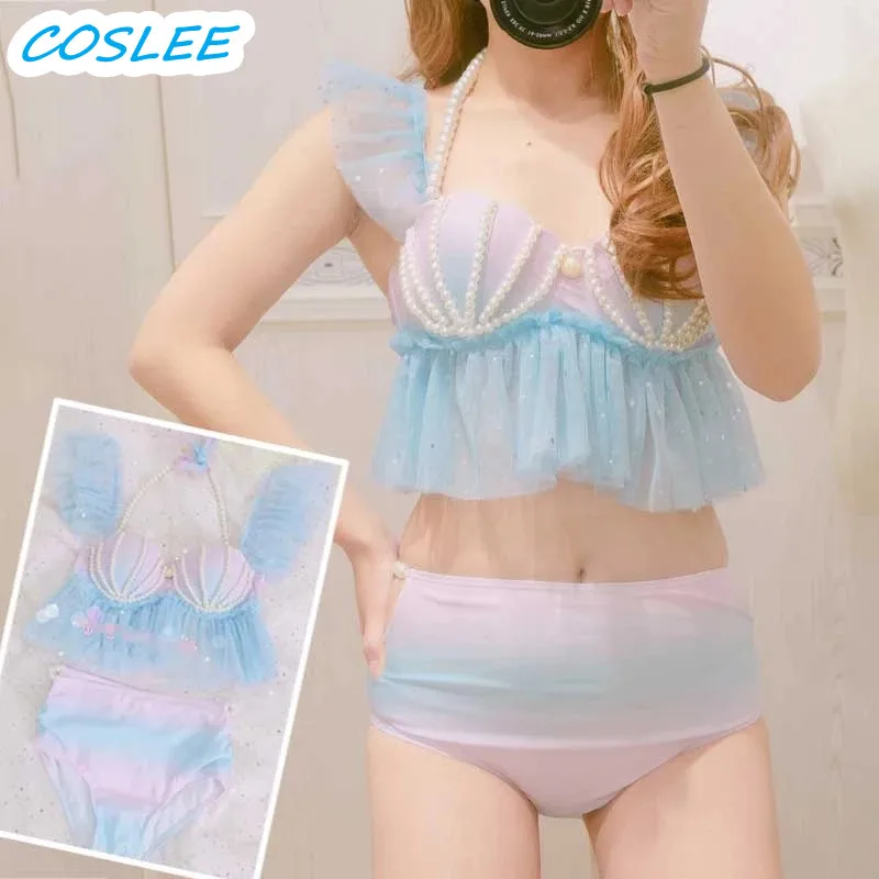 

COSLEE [STOCK] Cute Beach Swimsuit Mermaid Bikini Swimwear Gradient Shell Bra Pearl Decoration Summer Lolita Sweet Cloth New