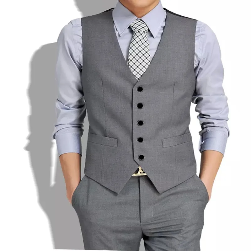 

British Style Grey Men Vest With Pant Slim Terno Masculino Sleeveless Jacket Waistcoat Wedding Casual Style 2pieces(Vest+Pant)