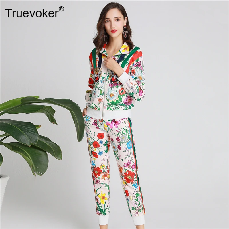 

Truevoker Autumn Runway Clothing Sets Women's Colorful Floral Printed Embroidery Sequins Hoodies + Pant Suits Two Pieces Sets