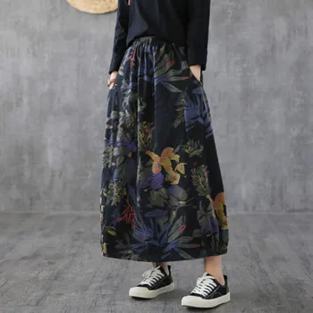 

Retro Style Woman Skirt 2020 New Spring Autumn Elastic Waist Floral Print Pocket Loose A Line Skirt Vintage Long Skirt Faldas