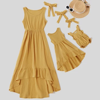 

2020 New Family Matching Outfits Solid Linen Cotton Mother Daughter Clothes Baby Romper Adult Kids Dress Women Girls Dress