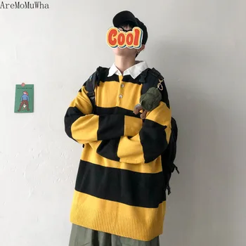 

AreMoMuWha 2019 Winter Men's Loose Striped Sweater Lapel Pullover Sweater POLO Collar Clothes Teen Sweater Christmas Men QX1397