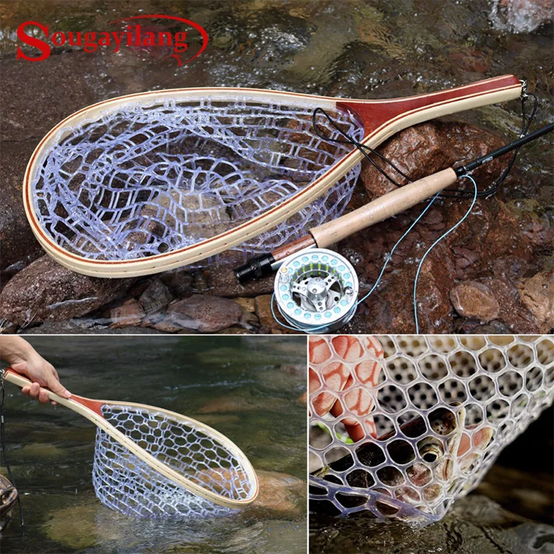 Sougayilang Fly Fishing Landing Net Outdoor Casting net Mesh Soft Rubber Wooden Handle Rubber Lanyard Rope Trout Catch Fishing