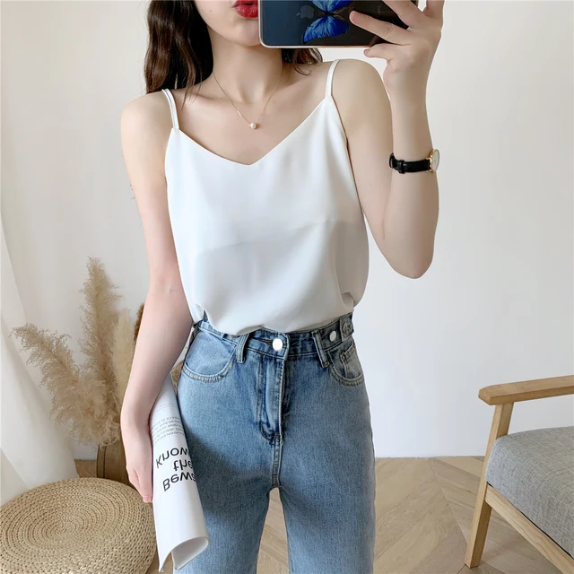 Korean Chiffon Top Women Woman V-neck Satin Tank Top Woman Sleeveless Vest Tops Tees Loose Sexy Women White Top Ladies Camis 856-White
