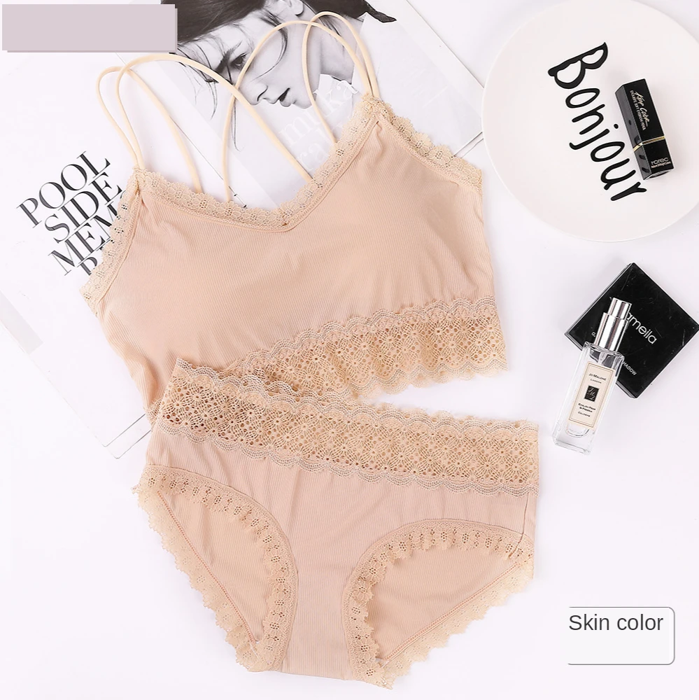 CHRLEISURE New Lace Breast Wrap Set Sross Straps Push Up Wireless Bra Comfortable breathable Underwear Panties For Women womens lingerie sets