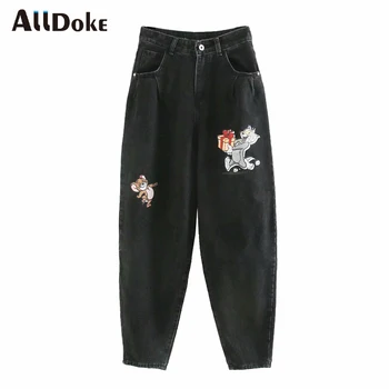 

ALLDOKE black casual cartoon print denim pants women summer high waist pockets boyfriend jeans vintage ladies harem pants femme
