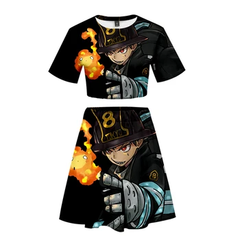 

Fire brigade Japanese cartoon 3D Summer Spring Sports Girls Short Sleeve Skirt Set Leisure Print Novelty Top Luxury Harajuku