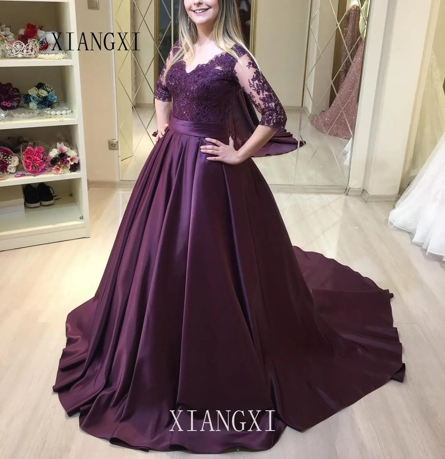 Фиолетовые Вечерние платья Vestidos, длинное атласное кружевное вечернее платье в пол с бисером,, вечерние платья Robe de soiree - Цвет: same as the picture