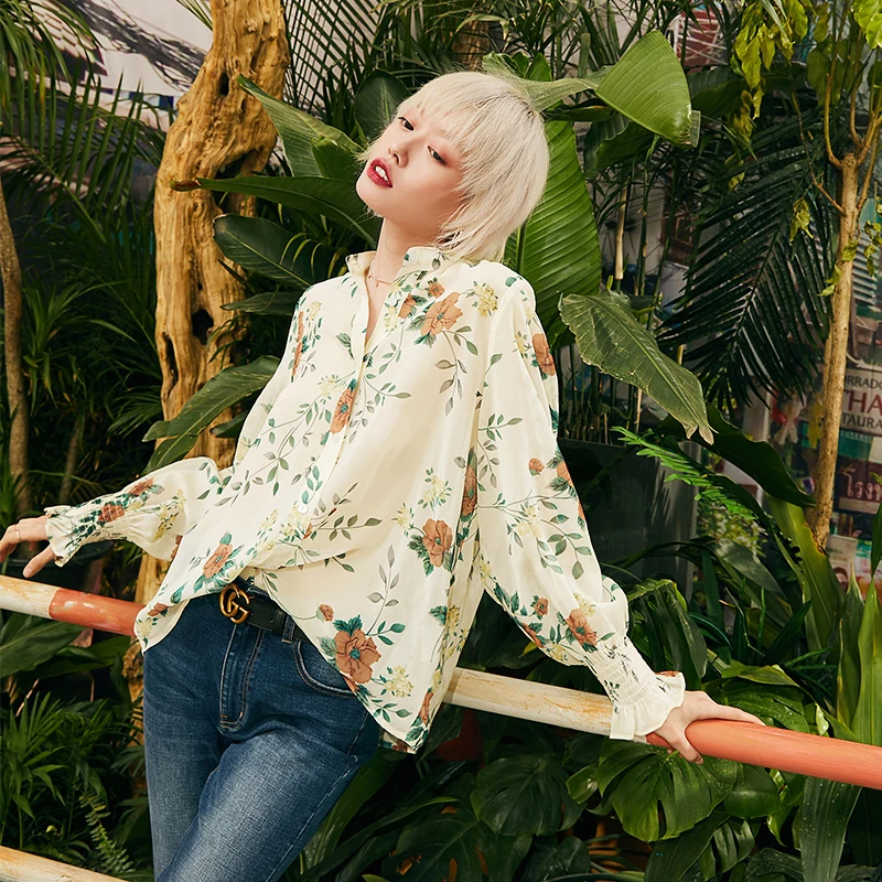 Ceny Samstree Floral Print Boho szyfonowa bluzka damska odzież 2019 jesień z długim rękawem biurowa, damska popy i bluzki