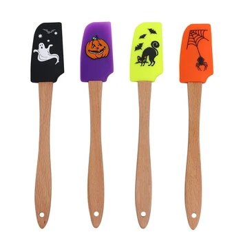 

4pcs Halloween Wooden Handle Silicone Scraper Spatula Baking Gadget Baking Supplies Kitchen Utensil for Home Bakery