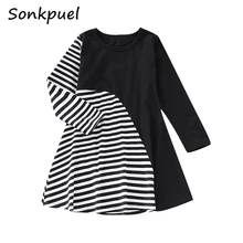 Платье для девочек коллекция года, осенняя модная детская одежда в черно-белую полоску, платья с длинными рукавами для детей 2, 3, 4, 5, 6, 7 лет