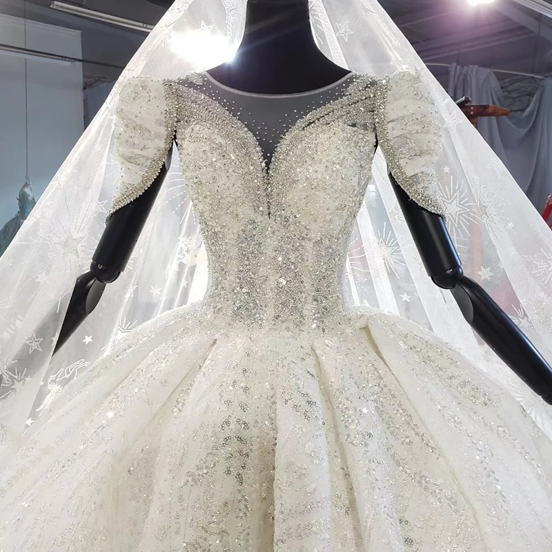 HTL1923 Elegant Extravagant Sequined Crystal Wedding Dress 2020 V-Neck Cap Short Sleeve Lace Up Back 5