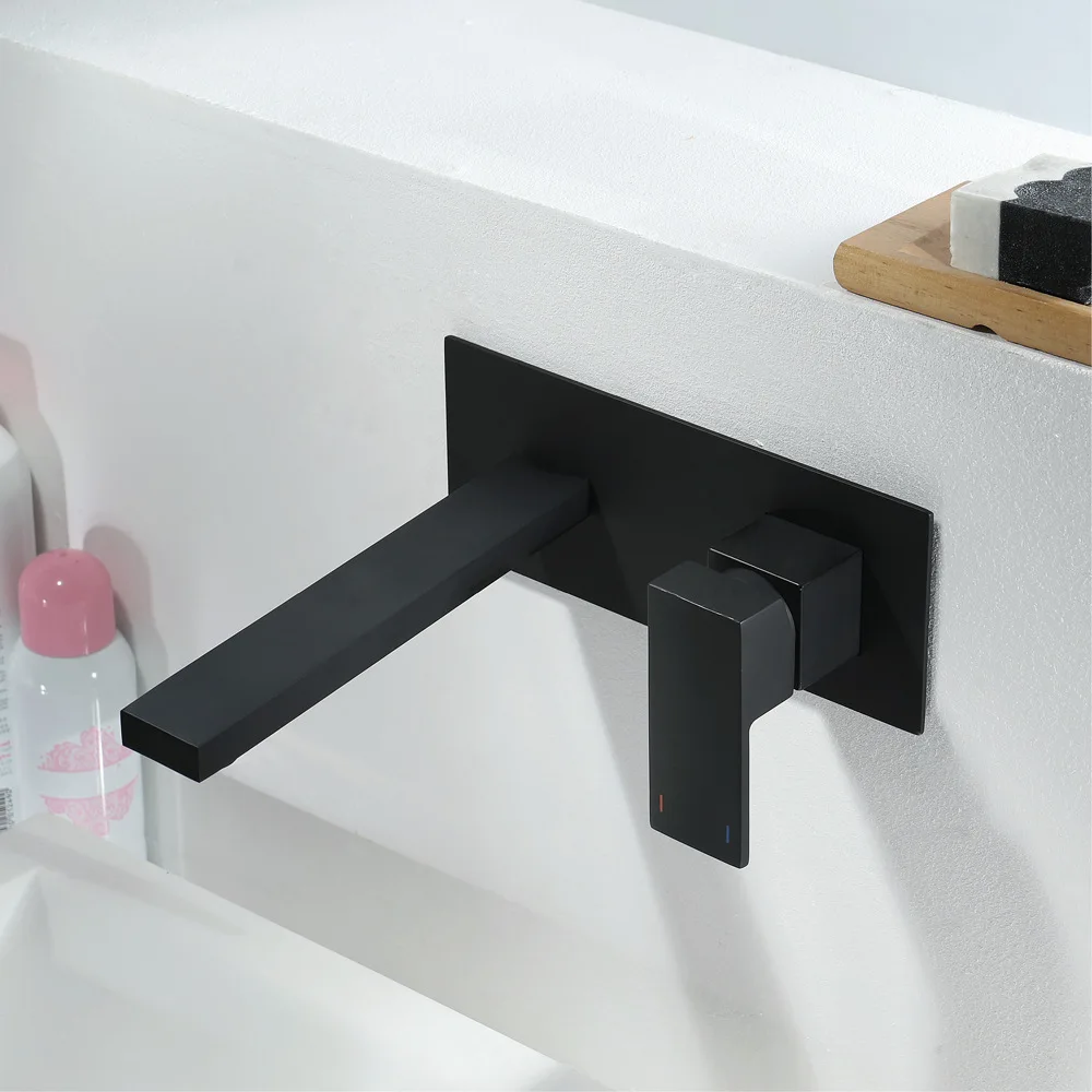

Concealed Basin Faucet Wall-in Copper Hot And Cold Black And White with Pattern Square Paragraph Basin Faucet Manufacturers Dire