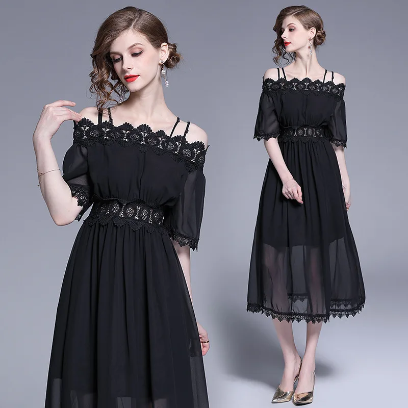 

Ozhouzhan 2019 New Style Lace off-Shoulder Strap Dress Beach Holiday Wave Skirt Chiffon Dress