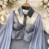 Women Mesh Sheer Blouse See-through Long Sleeve Crop Top Single-breasted Shirt Blouse Fashion Backless Sexy Shirt Female 2