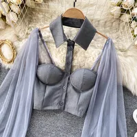 Women Mesh Sheer Blouse See-through Long Sleeve Crop Top Single-breasted Shirt Blouse Fashion Backless Sexy Shirt Female 2