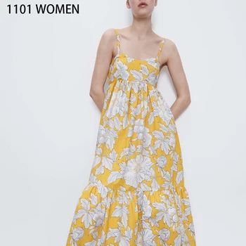 

2020 NEW Spring women dress yellow floral print strapless sleeveless floor-length dresses female casual fashion clothes