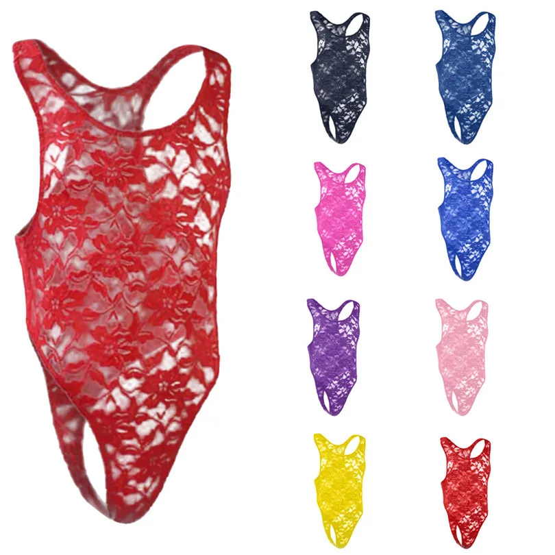  Men's Lace High Cross Translucent Jumpsuit Mens Lingerie Lace Straps Mankini One-Piece V Sling Stre