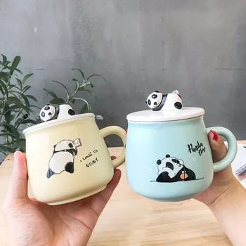 

3D cartoon panda Mug with spoon 400ml color glaze ceramic mugs cute water cup literary and artistic Drinkware Coffee tea mug