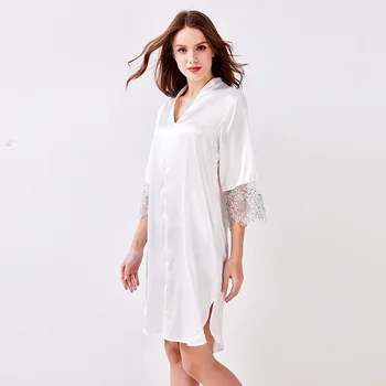

womens satin silk pajamas couple set sleepwear 2019 Autumn Winter plus size nightwear sexy Home suit household white Lace loose