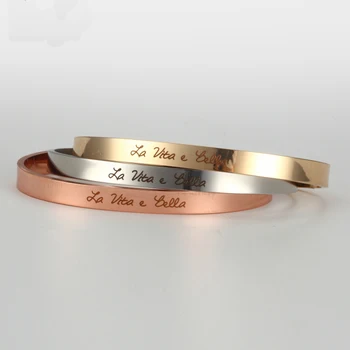

Europe Titanium Bracelet Lovers Opening Engraved "La Vita e bella"Rose Gold Lettering Stainless Steel Hand Women Jewelry