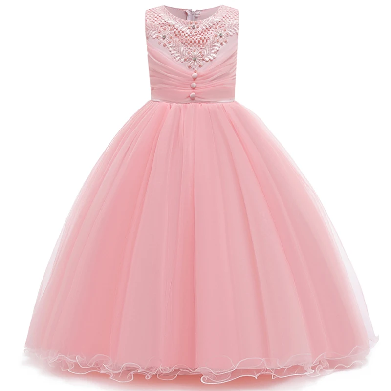 Детское длинное платье подружки невесты с цветами и бусинами для свадебной вечеринки нарядное платье принцессы для девочек на день рождения, бальное платье для причастия, vestido - Цвет: Shrimp Pink