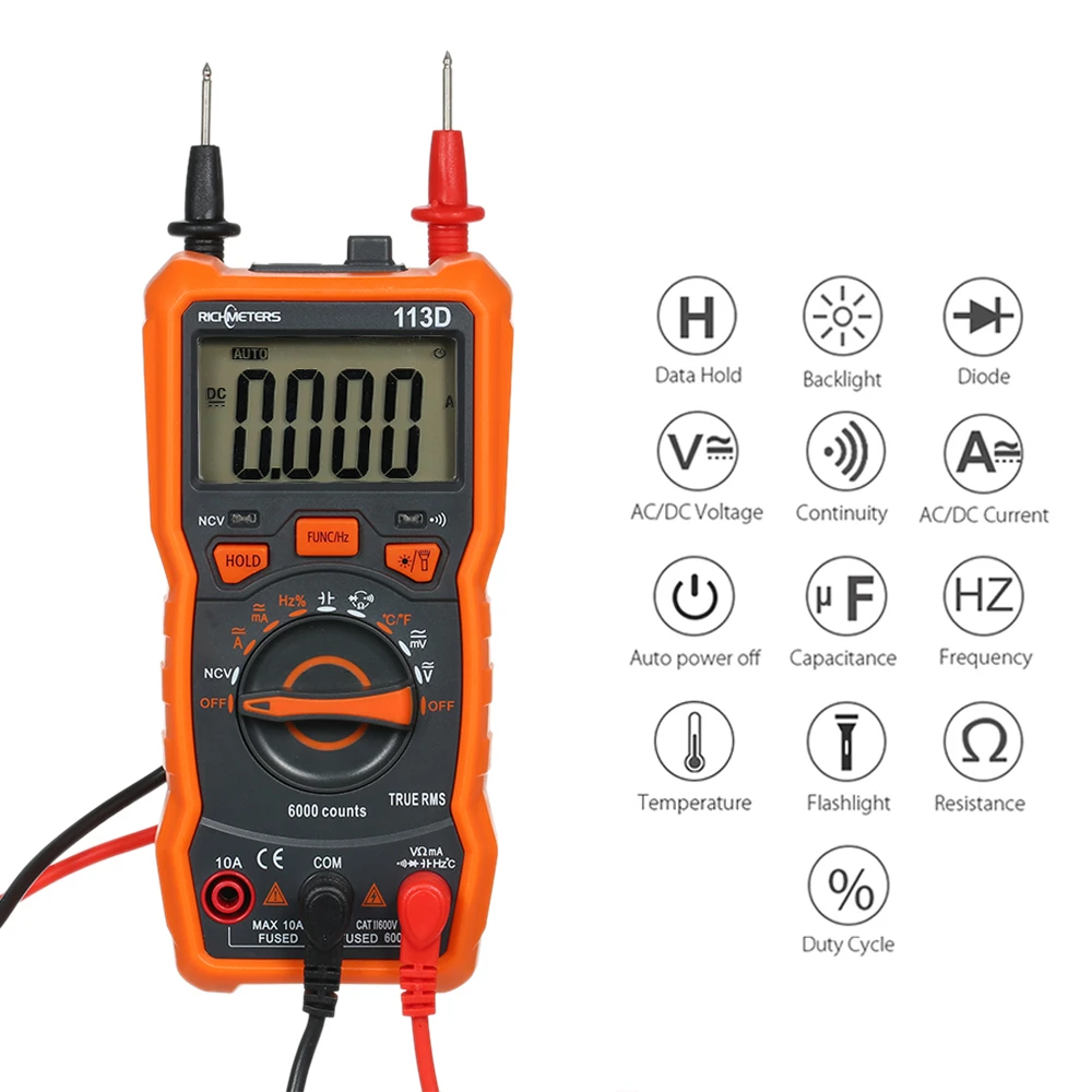 RICHMETERS RM113D NCV Цифровой мультиметр 6000 отсчетов Автоматический диапазон AC/DC измеритель напряжения вспышка светильник задний светильник большой экран диод