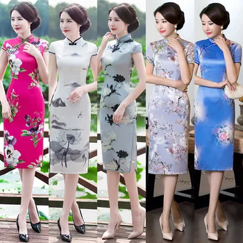 

FZSLCYIYI 2019 Fashion Rayon Qipao Slim Party Dresses Button Women short Cheongsam Vintage Chinese style Knee Length Dress